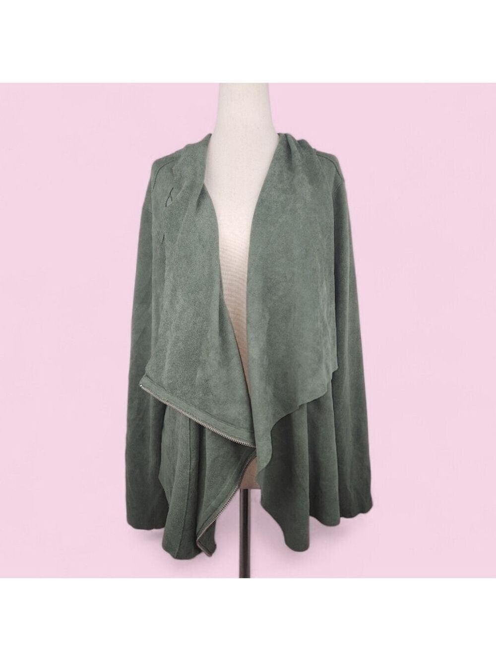 BlankNYC Army Green Asymmetrical Zip Moto Jacket Faux Suede Draped Utility Chic